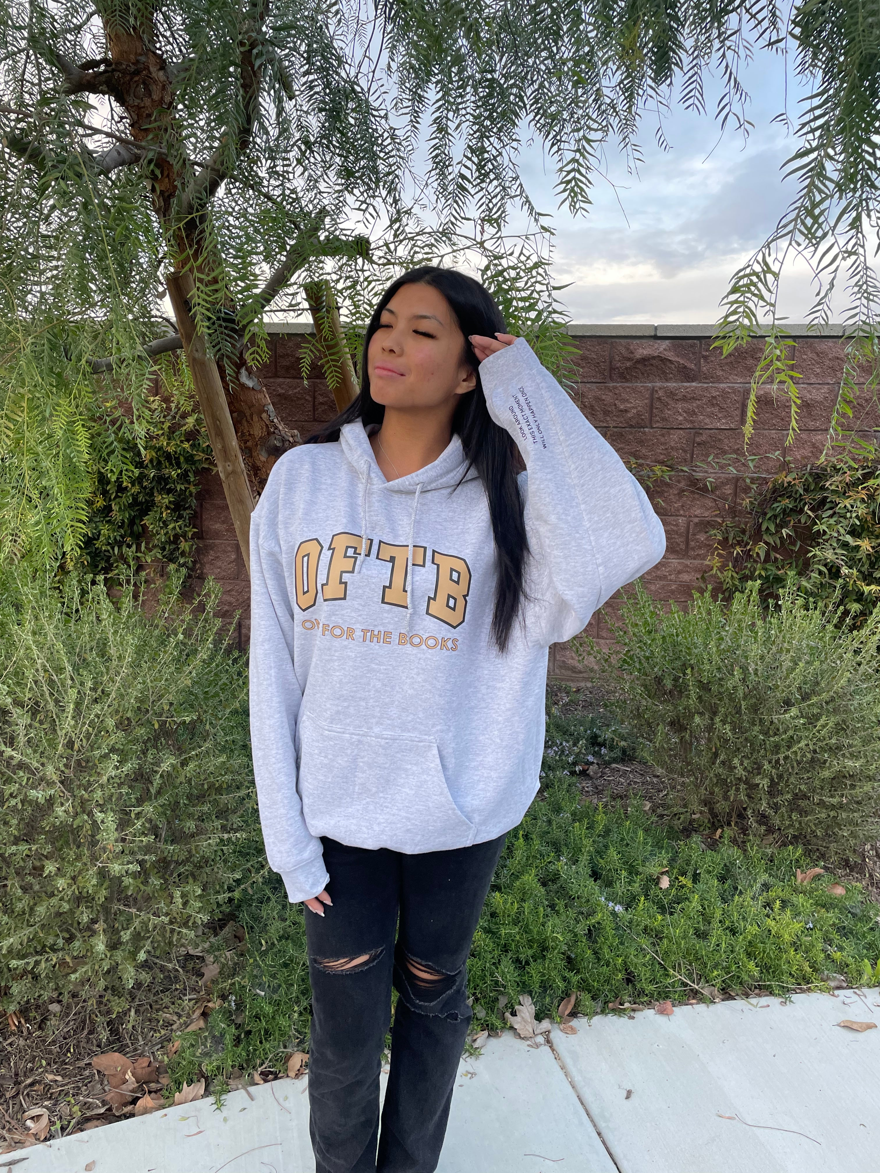white heather hoodie with gold block OFTB