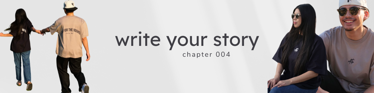 Two pairs of people holding hands with text 'write your story chapter 004' on a white background